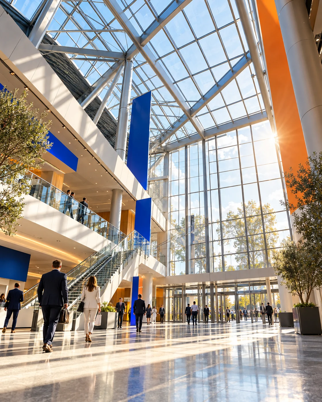 Sunlight through the glass roof of a spacious exhibition venue